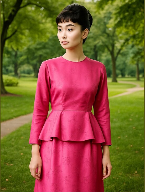 Artisan Dresses & Skirts - Vintage Pink Peplum Long-Sleeve Midi Dress Satin Floral 80s Barbie Girl OOAK 10